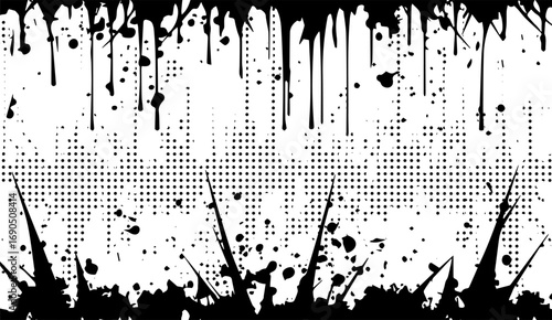 Dynamic black paint drips and jagged shapes frame a halftone pattern, creating a bold and textured monochrome design on a white background ideal for striking visuals