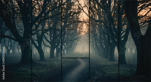 Mysterious foggy path through a dark, ancient forest at twilight.