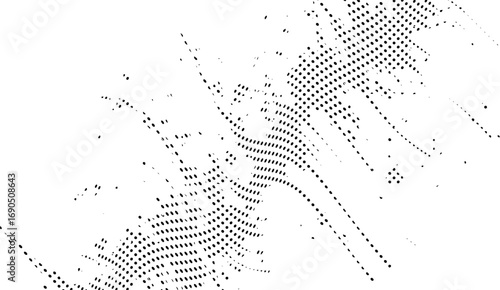 Detailed black and white halftone pattern displays dynamic, textured design with fragmented elements and abstract waves of dots forming a visually striking composition.