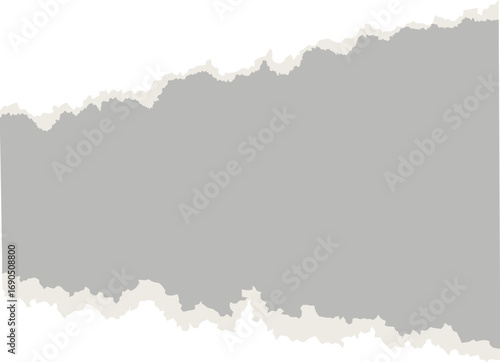 Torn paper with rip edges on gray background. Tear pieces of sheet. Notebook page for collage and scrapbooking. Vintage with rough element. Realistic patch for design