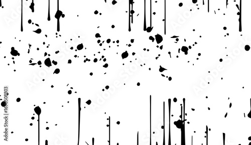 This striking image features a white background adorned with dynamic black ink blots and drips, creating a modern, high-contrast artistic splatter effect that is both bold and minimalist