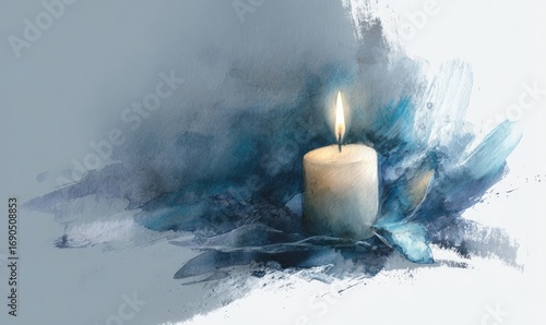 A candle is lit in a painting of a blue ocean