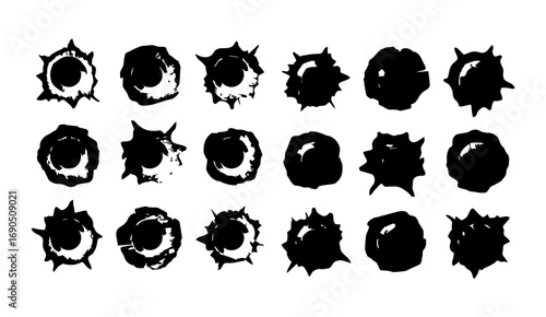 Varied black grunge bullet holes and splatter marks on a white background create a striking visual impact, perfect for designs needing a raw, edgy, or damaged texture effect
