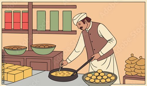 “A Pakistani halwai (sweet maker) wearing a kurta and waistcoat, working in a bustling sweet shop kitchen. He is frying jalebis in a large round iron karahi filled with bubbling oil over a traditional
