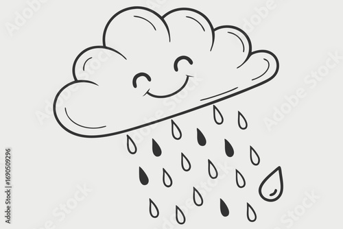 Vector art of a cheerful cloud is smiling as it produces a gentle rain, the raindrops are falling in a steady stream, creating a peaceful scene