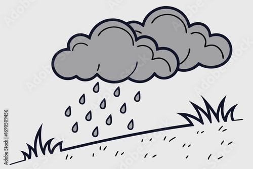 Vector art of a simple illustration of rain clouds over grass, depicting a rainy day scene with a minimalist aesthetic, creating a calm and slightly melancholic mood