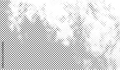 Detailed halftone pattern featuring varying densities of black dots creates a dynamic and visually striking monochrome texture against a clean white background, perfect for modern designs