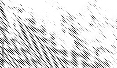 Abstract halftone dots on white background create a dynamic and visually appealing modern design, showcasing a blend of texture and movement with contrasting shades