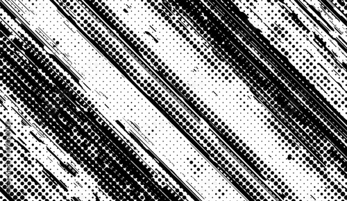 Dynamic monochrome pattern showcases textured black diagonal lines and halftone dots over a clean white background, creating a bold and impactful visual effect with a grungy feel