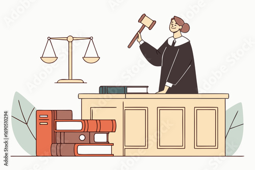 Vector illustration of judge with gavel and scales of justice in courtroom