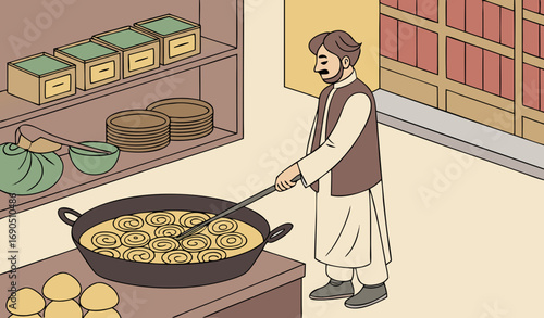 A detailed illustration of a traditional Pakistani wedding catering setup (pakwan house): a large outdoor cooking area with multiple huge degs (cauldrons) placed on brick stoves with open firewood und