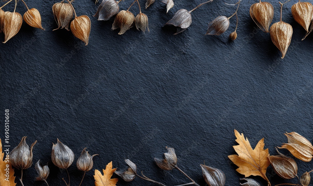 Fototapeta premium A black background with a gold and brown leafy border