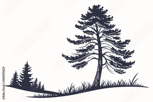 Vector art of pine tree silhouette on a hill with grass, , showcasing a peaceful natural scene and the contrast between light and shadow