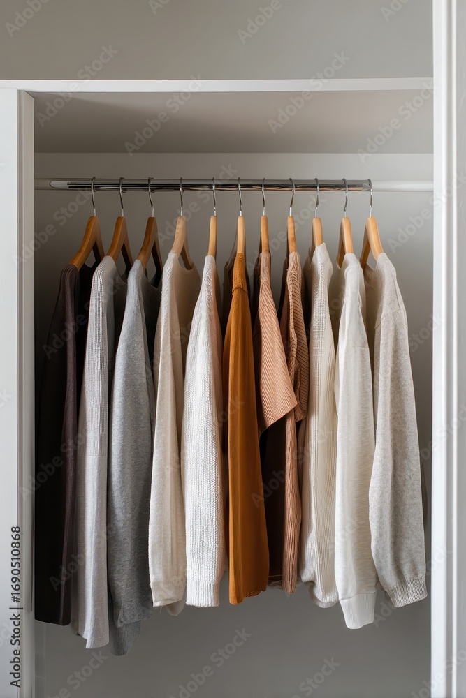 Fototapeta premium Organized Closet with Neutral Sweaters on Wooden Hangers, Minimalist Style