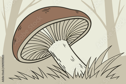 Illustration of a mushroom in a forest setting, showcasing its gills and stem in a detailed, artistic style, perfect for nature enthusiasts and botanical studies