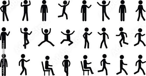 Collection of 24 Stick Figure Poses and Actions on White Background Keywords: stick figure, pictogram