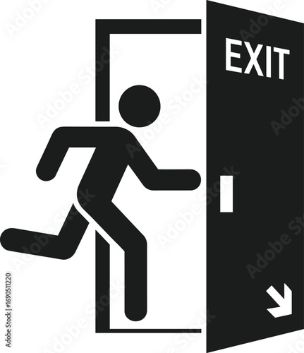 Black silhouette of a running person exiting through an open door with exit sign vector illustration