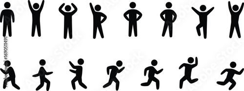 Collection of black silhouette icons of people in various active poses figures silhouettes