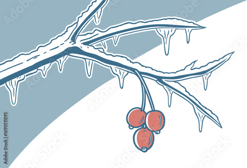 Vector art of a branch covered in ice with berries, , creating a serene and beautiful winter scene, perfect for seasonal designs and illustrations