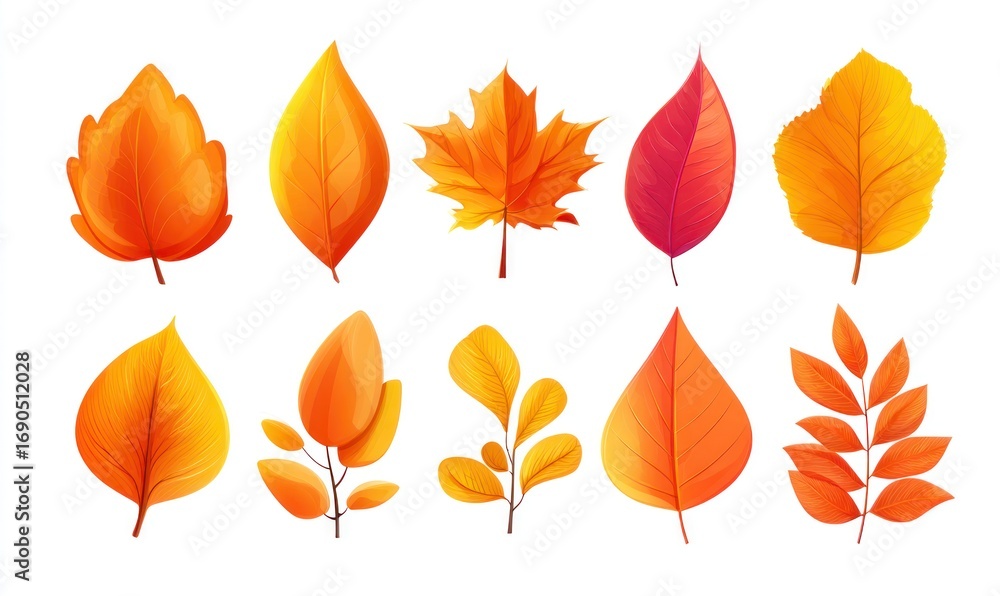Fototapeta premium A collection of ten stylized autumn leaves, varying in shape and color, arranged in two rows on a white background, conveying a seasonal feel