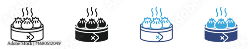 Hot dumplings in bamboo basket icon set in outline and flat style , vector illustration. 