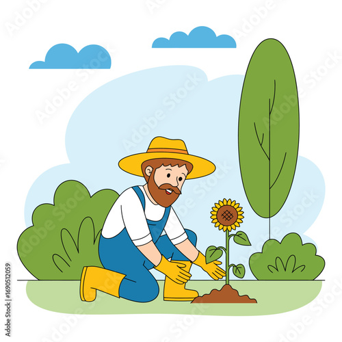 Farmer carefully tending to a young sunflower plant in a vibrant garden, showcasing sustainable agriculture, growth, and nurturing care in rural farming and gardening lifestyle.