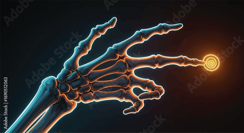 Anatomical hand skeleton reaching for a glowing digital button, symbolizing innovation and touch technology.