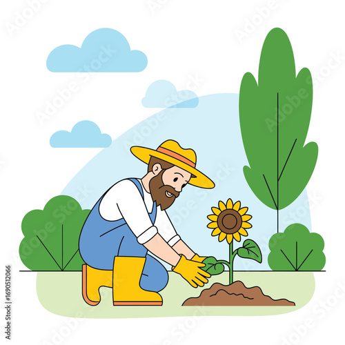 Farmer carefully tending to a young sunflower plant in a vibrant garden, showcasing sustainable agriculture, growth, and nurturing care in rural farming and gardening lifestyle.