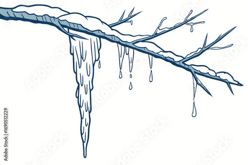 Vector art of a branch covered in snow and icicles, , showcasing the beauty of winter and the transition from solid to liquid state of water