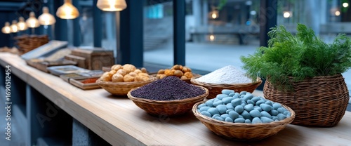 Wallpaper Mural A wooden countertop displays various foods in woven baskets fried snacks, purple granules, white powder, blue stones, and herbs. Overhead, warm lights shine Torontodigital.ca