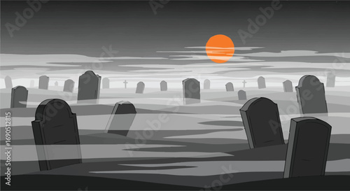 Eerie graveyard with tombstones silhouetted against a hazy orange sun, evoking a sense of mystery and the afterlife.