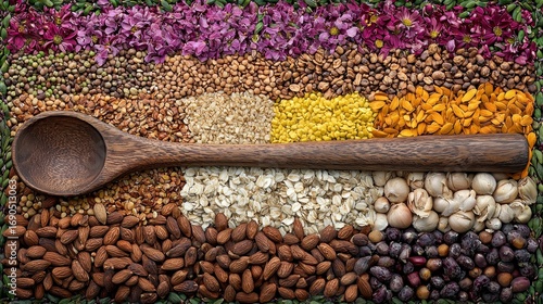 Colorful Assortment of Seeds, Grains, and Dried Flowers with Wooden Spoon, Generative AI