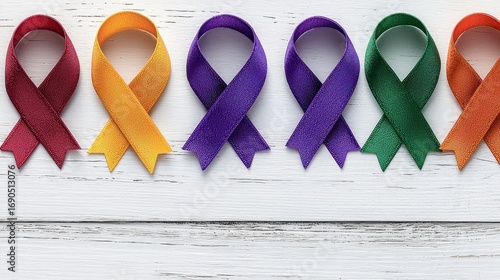 Colorful Awareness Ribbons on White Wood, Generative AI