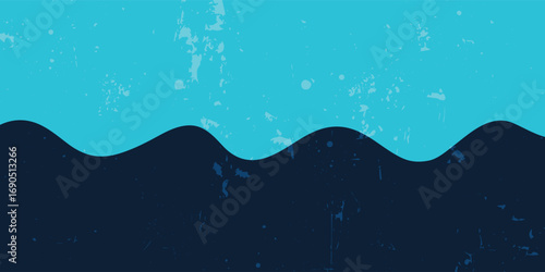 An abstract background features blue and navy colors divided by wavy lines, creating a simple yet visually engaging design with a retro grunge texture and subtle vintage feel