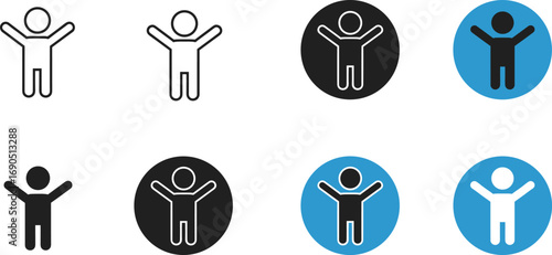 Human figure icons with raised arms in different styles Keywords: human figure, icon, symbol, person