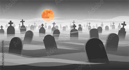 Eerie graveyard shrouded in fog under a spooky orange moon, perfect for Halloween.