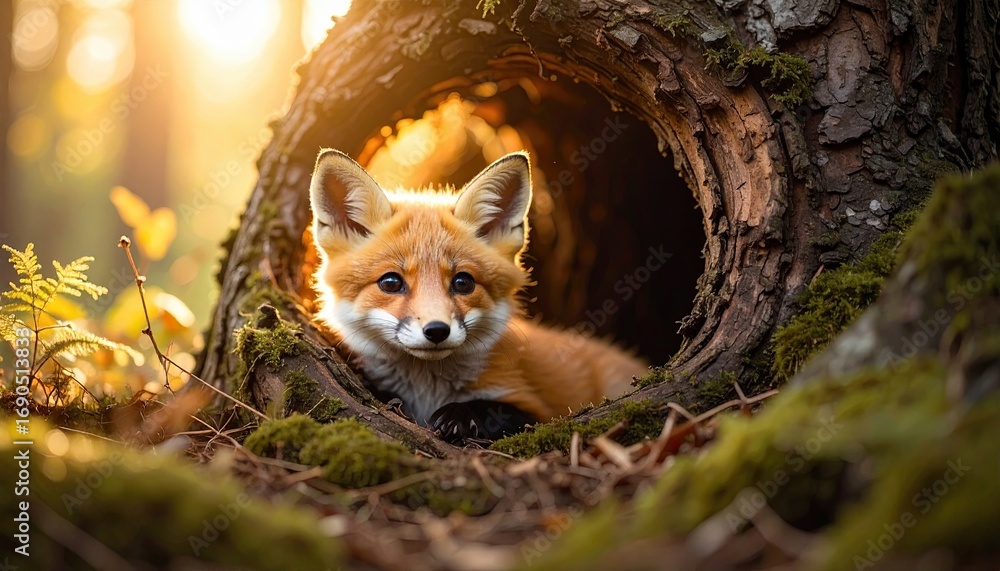 Fototapeta premium Cozy Fox in Enchanted Hollow Tree