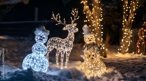 A stunning outdoor Christmas lights display featuring glowing reindeer and snowmen, creating a magical night scene in ultra HD detail.