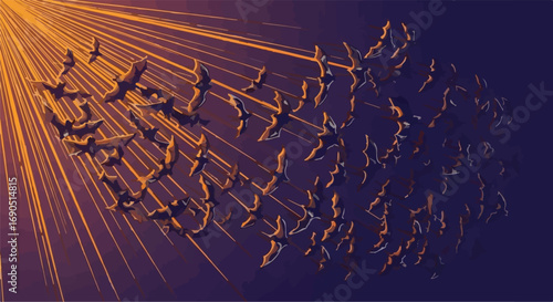 A flock of birds takes flight into a golden sunset, symbolizing freedom and new beginnings.