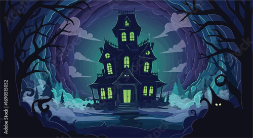 Spooky haunted mansion with glowing windows in a dark, eerie forest at night.