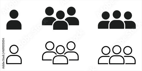 Set of six black and white icons representing groups of people and individuals crowd