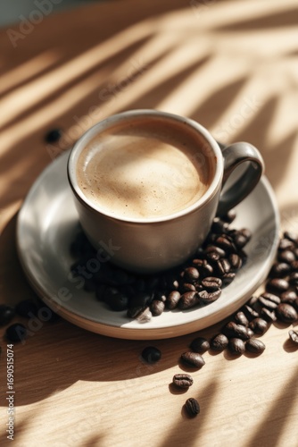 A ceramic mug of frothy coffee sits on a saucer amidst scattered coffee beans, basking in the soft, filtered sunlight on a light wooden surface