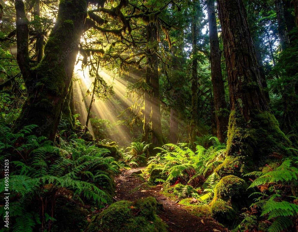 Obraz premium Sunlight path in a lush forest