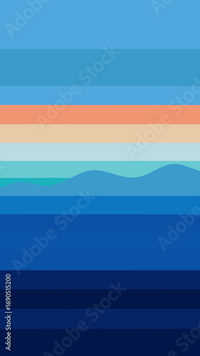 Stylized landscape vector art serene ocean horizon with abstract mountain silhouettes and gradient sky