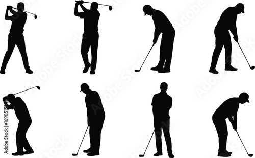Silhouette of a golfer in multiple poses on a white background Keywords: golfer, golf, silhouette, man