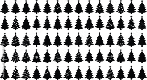 Variety of decorated Christmas tree silhouettes with stars, lights, and snowflakes, black holiday pine tree vector icons collection