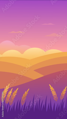Vibrant pixel art sunset landscape vector illustration with rolling hills and grassy foreground