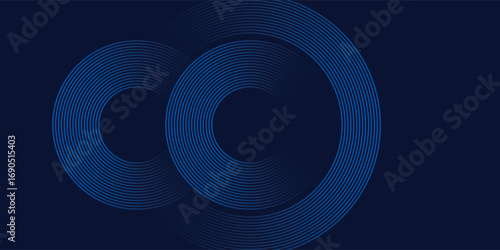 Deep blue background showcases overlapping concentric circles formed by delicate, light blue lines, creating a modern, abstract design with a sense of depth and movement