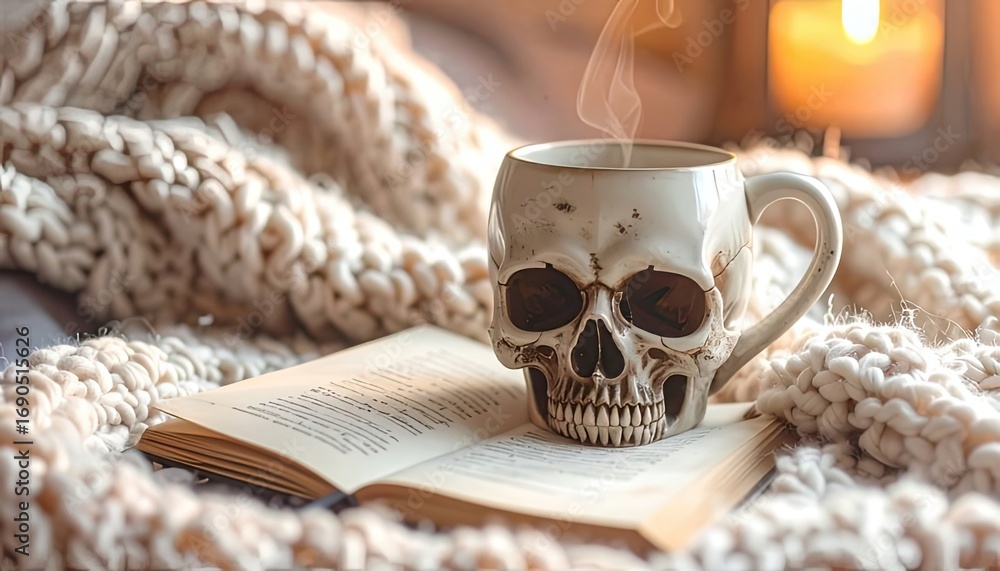 Naklejka premium Skull Mug, Open Book, Warm Blanket, Indoor Setting, Relaxed Atmosphere