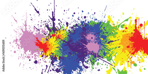 Colorful splatters of red, blue, green, yellow, and purple paint create a vibrant and artistic explosion of color on a clean white canvas, forming an abstract design.